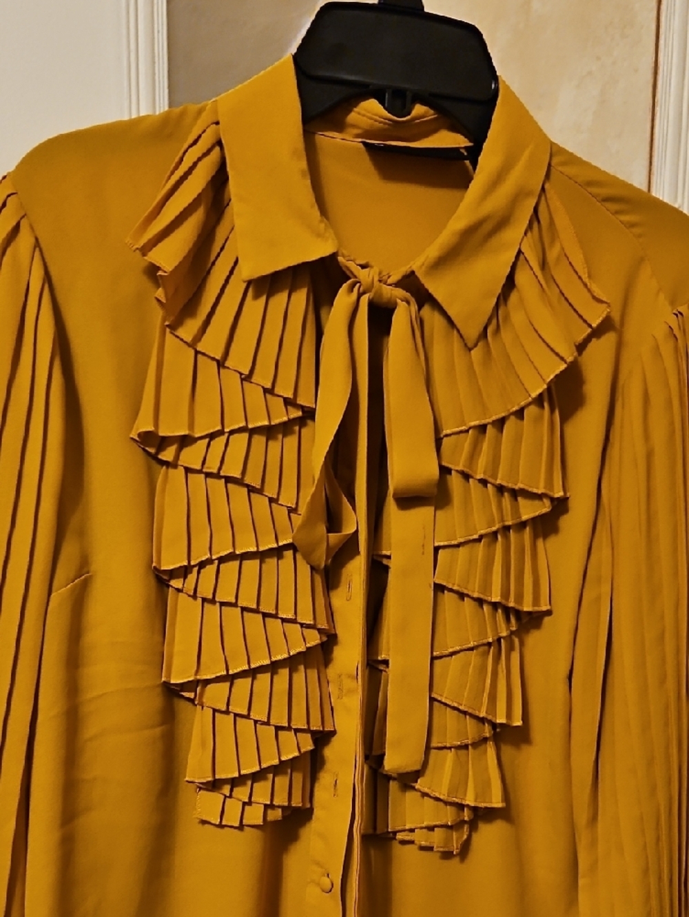 New York & Company Mustard Pleated Ruffle Tie-Neck Blouse, NWT - Picture 4 of 6